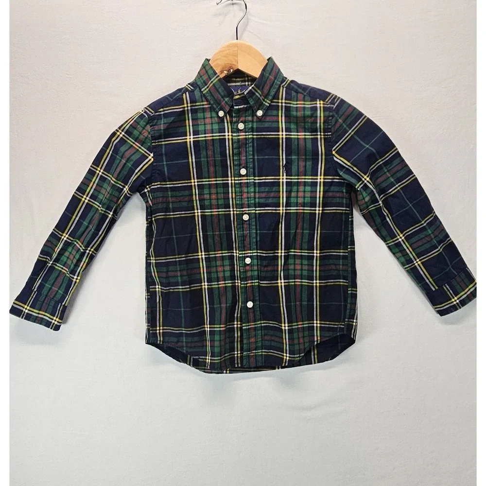 Ralph Lauren Boys Plaid Button Down Long‎ Sleeve Shirt Size 5 Green Blue Preppy